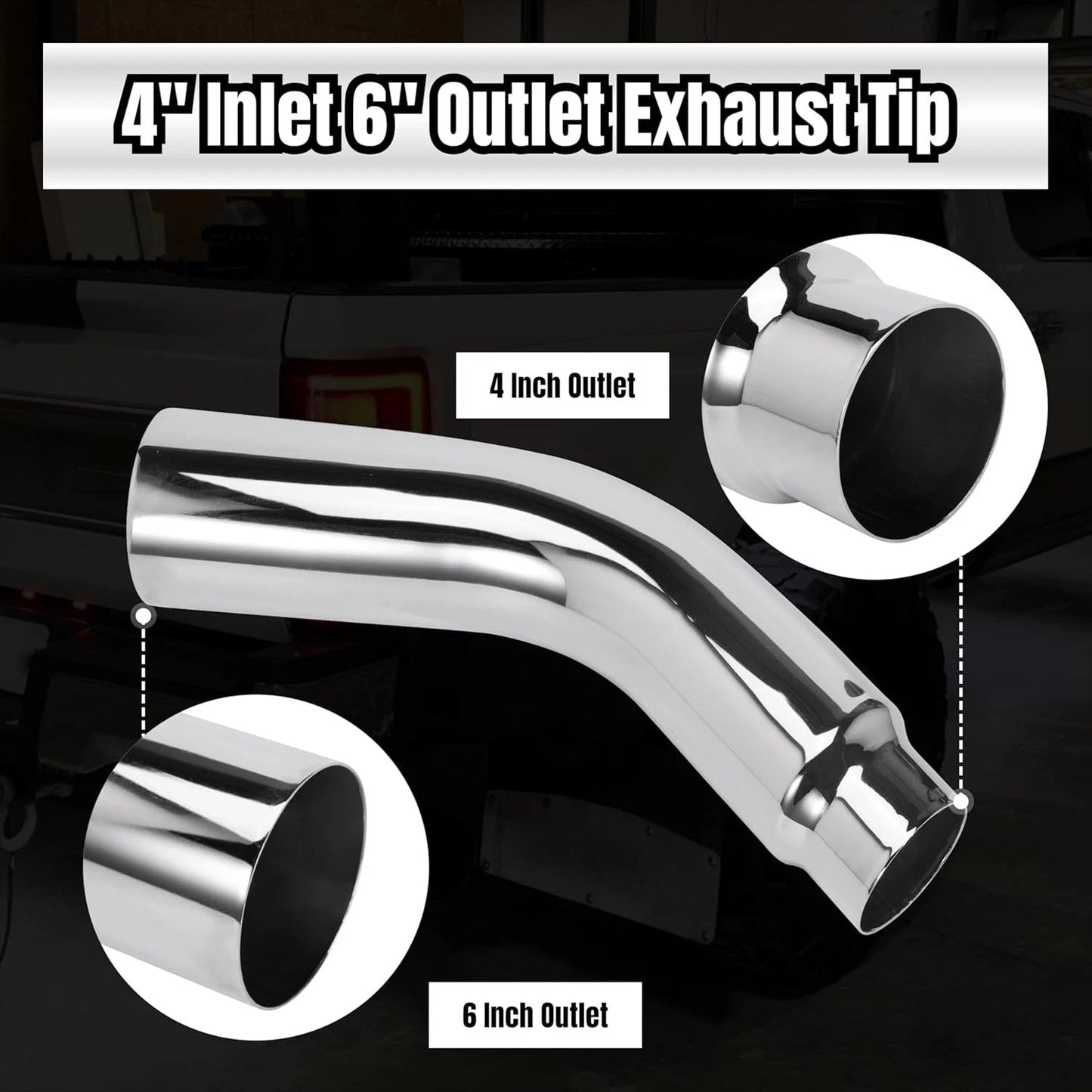 4'' Diesel Exhaust Tips 4'' Inlet 6'' Outlet, 23" Long Chrome Exhaust Pipe Elbow