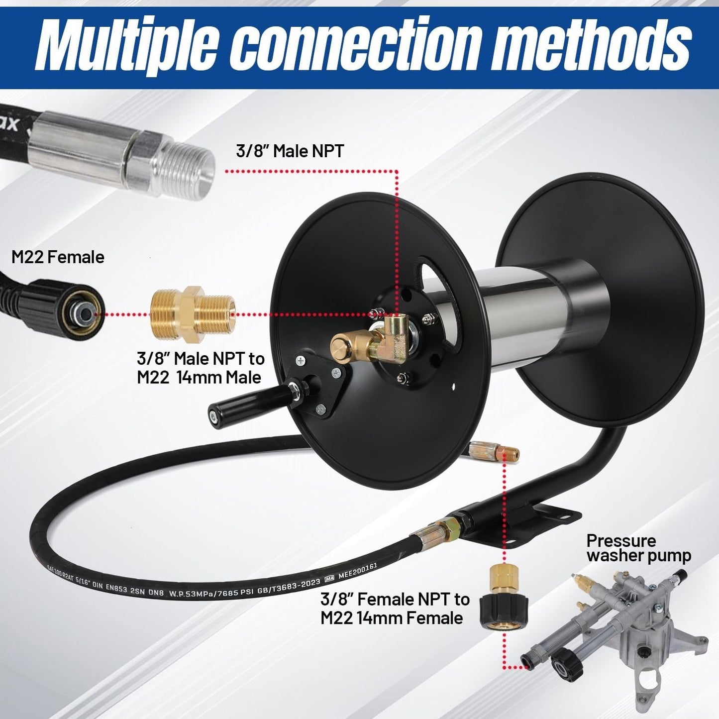 4000 PSI 150FT Heavy-Duty Steel Pressure Washer Reel, 3/8" NPT w/ Hand Crank