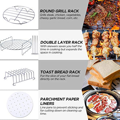 Air Fryer Accessories, Set of 12 Fit for 5.3Qt and Larger Air Fryer with Cake & Pizza Pan, Metal Holder, Skewer Rack & Skewers, etc, Nonstick Coating, Dishwasher Safe
